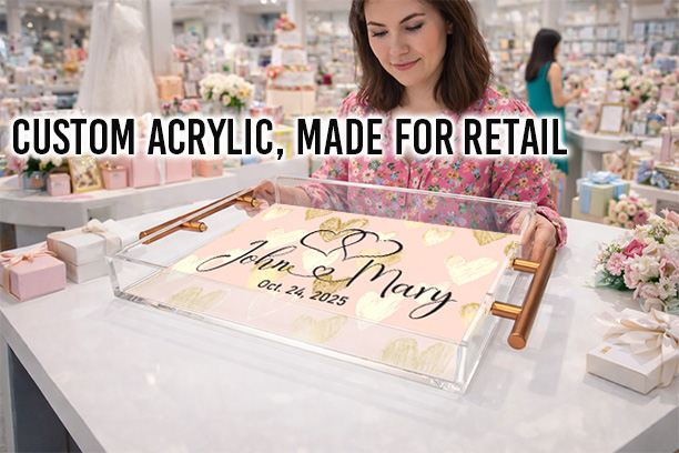 Woman in a gift shop holding a clear custom acrylic serving tray with gold handles, featuring the names “Anna & Mary” and the date “Oct. 24, 2025,” with shelves of decorative retail items in the background and the text “Custom Acrylic, Made for Retail.”