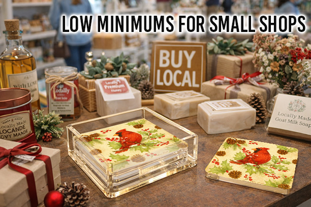 Stack of clear acrylic coasters in a holder and a single matching coaster displayed on a tabletop, featuring a colorful patterned design, with the text “Low Minimums for Small Shops” above.
