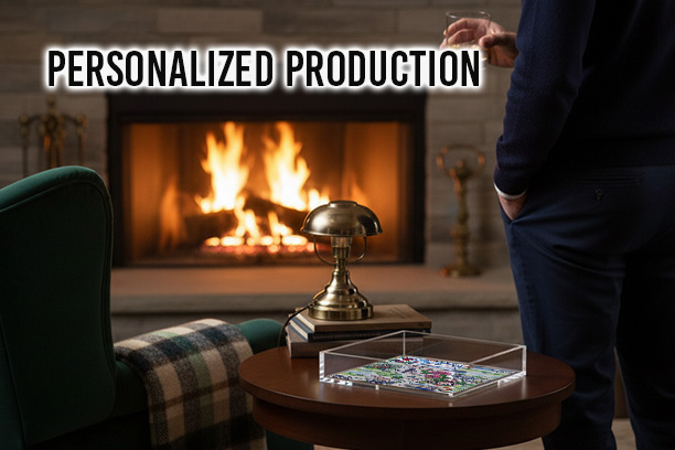 Clear acrylic tray with a custom printed design resting on a side table in a cozy living room, with a lit fireplace in the background and a person standing nearby, and the text “Personalized Production” above.