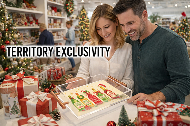 Clear acrylic serving tray with gold handles displayed on a retail table, featuring a festive holiday illustration with Christmas characters and bottles, surrounded by gift boxes in a boutique store setting, with the text “Territory Exclusivity” above