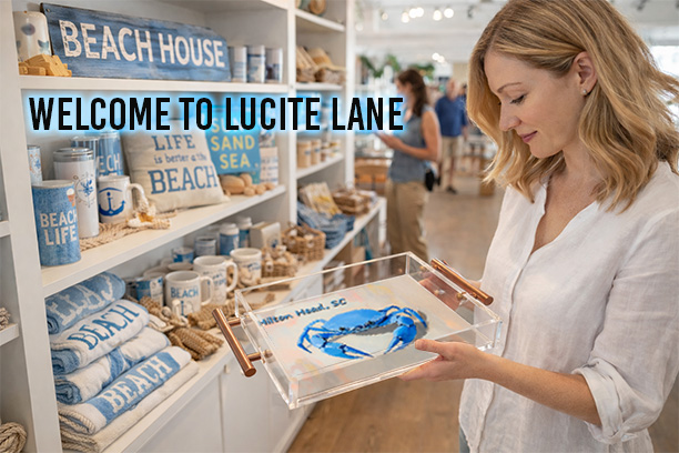 A woman in a bright coastal-themed gift shop looks down at a clear acrylic tray with copper handles featuring a blue crab illustration. Shelves around her display beach décor, mugs, and signs with ocean-themed phrases, and a sign in the image reads “Welcome to Lucite Lane.”